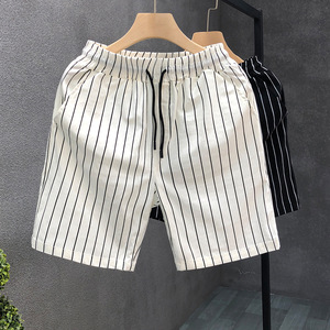 Striped <b>Men's</b> <b>Shorts</b> <b>White</b> Black Canvas Breathable Elastic Waist Summer Casual Mid Length Vintage - Product Image 1
