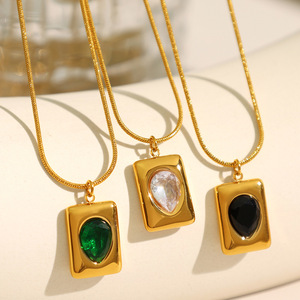Elegante Juego de Collar Geométrico Verde Esmeralda, Acero Inoxidable, Chapado en Oro de 18K, Joyería de Fiesta para Mujer - Product Image 3