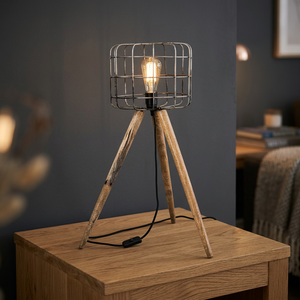 Industrial Modern Tripod Floor Lamp <b>LED</b> E27 White <b>Wire</b> Cage Shade Wood Leg Bedside Reading <b>Light</b> for Living Room Bedroom - Product Image 6