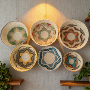 Panier mural rond tissé Art Déco, artisanat avec motif personnalisable, ensemble multi-pièces pour usage domestique et commercial - Product Image 1