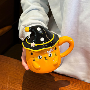 Cute Cat Ceramic <b>Mug</b> <b>With</b> <b>Lid</b> Cartoon Design For Girls Spring 2024 Home Use Single Cup White Yellow Black - Product Image 4