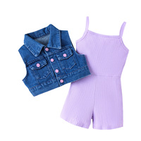 Combinaison tricotée chaude et sans manches Denim gilet costume bretelles body ensemble filles été Onesie vêtements ensemble pour bébés