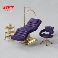 Table de massage moderne en cuir blanc avec base en acier inoxydable doré, lit de salon électrique de luxe à 3 moteurs avec commande au pied