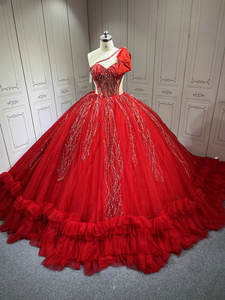 Mumuleo Vestido Rojo de Quinceañera de Un Solo Hombro sin Mangas para Fiesta de 15 Años con Volantes Estilo Princesa y Lazo - Product Image 5
