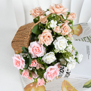 Ramo de Rosas Artificiales de Flor Completa, 10 Cabezas, Rojo Rosado para Champán, 29cm, Tela Tipo Seda para Decoración del Hogar, para el <span class=keywords><strong>D</strong></span>ía de la Madre - Product Image 2