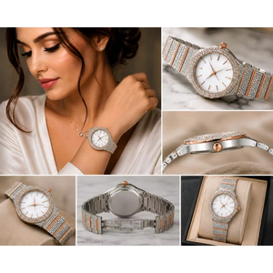Montre de luxe pour femmes de qualité supérieure, boîtier en acier inoxydable, cadran en or blanc, cristal saphir, bracelet en moissanite, résistance à l'eau 10 m, mécanique - Product Image 2