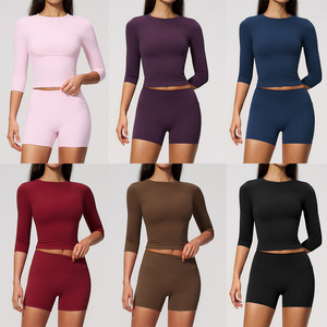 Nouvel ensemble de yoga personnalisé avec logo pour femmes, coupe ajustée, taille révélée, manches mi-longues, adapté pour le fitness en plein air, la course à pied et les sports - Product Image 3