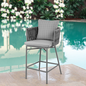 Grand tabouret <span class=keywords><strong>de</strong></span> <span class=keywords><strong>bar</strong></span> moderne en aluminium pour meubles <span class=keywords><strong>de</strong></span> patio <span class=keywords><strong>chaise</strong></span> <span class=keywords><strong>de</strong></span> <span class=keywords><strong>bar</strong></span> d'extérieur tissée en corde au design géométrique avec <span class=keywords><strong>coussin</strong></span> - Product Image 1