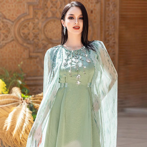 Vestido Largo <span class=keywords><strong>Verde</strong></span> Menta con Adornos Aplicados a Mano, Moda Modesta OEM/ODM, Textura Lujosa con Cristales, Alta Calidad, para Eid - Product Image 1