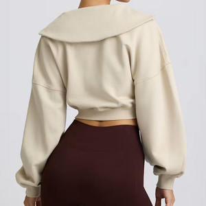 OEM Eco-Friendly Breathable Lined Lightweight Other Fabric Quarter-<b>zip</b> <b>Hooded</b> Drop Shoulder Ribbed Hem Women Cropped Sweatshirt - Product Image 3