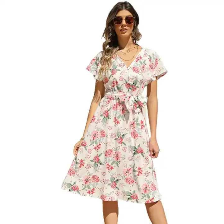 Women Wholesale Summer Bohemian Style Short Sleeve A line Chiffon Sweet Color Floral Print Beach Tea Break Dress