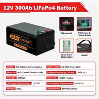 Batterie liquide LiFePo4 RUIBO CG-NF220230 12V 300Ah avec BMS intelligent, bornes M6, disjoncteur CC, 4000 cycles, 8 cellules -5-55