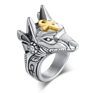 Hot Sale Hip Hop Wolf Kopf Fingerring Silber druck Alter ägyptischer Gott des Todes Anubis Edelstahl Ring