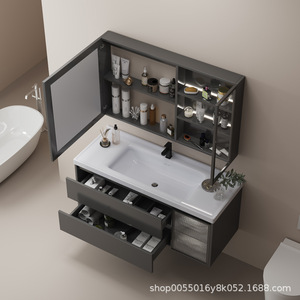 Mueble de Baño Flotante Ouni Gris con Lavabo de Cerámica de Una Pieza y Espejo Redondo Inteligente con Retroiluminación - Product Image 3
