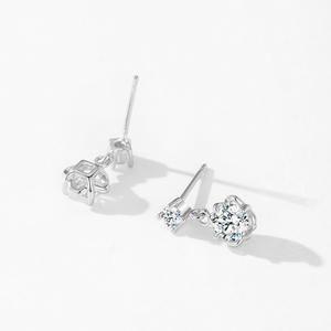 Versión personalizable en cobre. Pendientes colgantes de plata de ley S925 con circonita de corte redondo y diseño de flor doble, sencillos y clásicos, para mujer. - Product Image 6