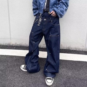Jeans pour hommes de luxe personnalisés de marque avec rivets, style baggy, style charpentier, style skater, denim selvedge, jambe large, bleu, jeans de skate, grande taille - Product Image 1