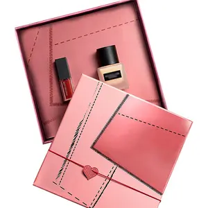 Cajas de embalaje de cubierta personalizada para maquillaje base compacta conjunto de lápiz labial caja de cosméticos rosa de belleza