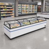 Congelador vertical de exhibición de alimentos congelados de 1100L, extra largo, con puerta corrediza de vidrio curvo, parte superior abierta, enfriamiento por ventilador, eficiente en la utilización de energía, para mariscos