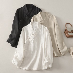 Traditional Chinese Top Cotton Linen Long Sleeve Zen Meditation Tea Dress White Black Hemp Solid Color Diagonal Placket Chinese - Product Image 1