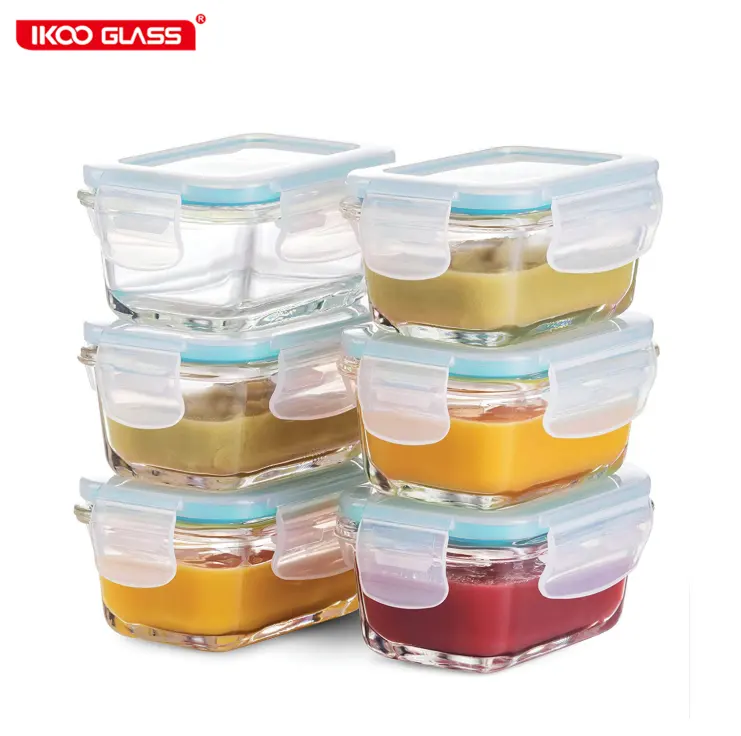 Ikoo mini recipientes de vidro para bebês, recipientes de alimentos para bebês com 3 conjunto de 7.12 oz com tampas de plástico, caixa pequena reutilizável de comida caseira para almoço do bebê