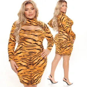 New arrival ladies sexy tight dress animal printed cut out women's plus size tiger dress