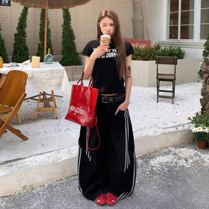 Nouveau jean en denim délavé rétro américain à trois bandes, patchwork, coupe scimitar, mignon, unisexe, coupe bootcut, pantalon long - Product Image 4