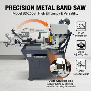 Scie à ruban industrielle à engrenages BS-260G 1000W pour la découpe des métaux, capacité de coupe de 227 mm, angle réglable à 45, 60 et 90 degrés - Product Image 1