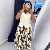Conjunto de 2 Piezas para Mujer, Top Corto sin Mangas con Cuello en V y Botones, Falda Larga Plisada Estampada, Estilo Vintage, Tela Satén