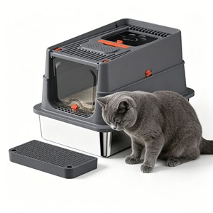 Bac à litière rectangulaire pour chat d'intérieur, en acier inoxydable, anti-éclaboussures, durable, facile à nettoyer, avec couvercle et poignée de transport - Product Image 1