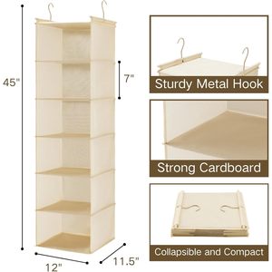 6 Tier Hanging Closet Organizer Cloth <b>Shelf</b> With 2 <b>Hooks</b> Foldable Storage For Bedroom Beige 33x15x85cm Non Woven Fabric - Product Image 3