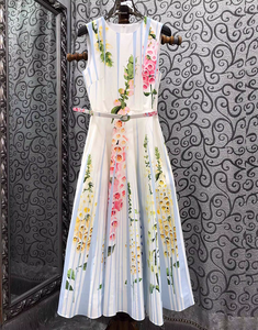 Abito Lungo di Alta Qualità Nuovo Stile Estate 2026 da Donna Dolce Floreale Blu a Righe Senza Maniche Lungo Maxi da Festa di Lusso con Cintura - Product Image 1