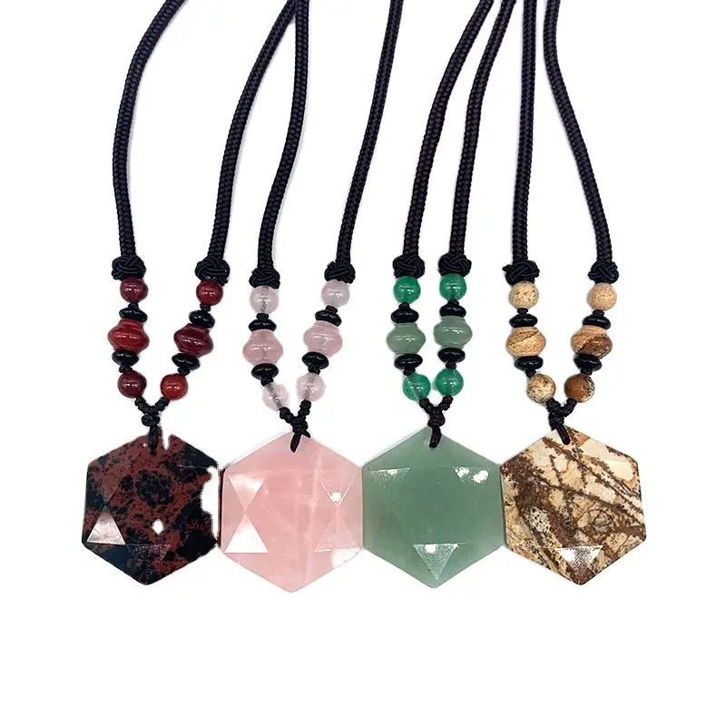 Hand Made Long Rope Wire Cord Necklace Natural Stone Octagon Faceted Pendants Woman Jewelry