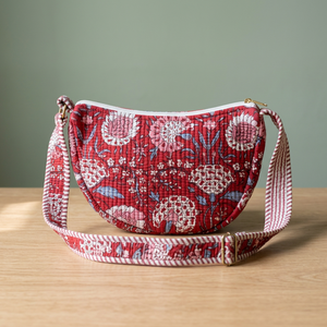 Sac à bandoulière rond matelassé à fleurs bohèmes pour femmes avec fermeture à glissière, tissu en coton écologique, sacs à bandoulière rouges, sac à main tendance pour femmes - Product Image 3