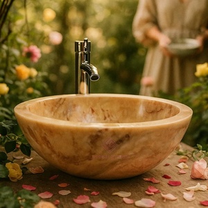 Ronde Gouden Honing Marmeren Vat Gootsteen Handgesneden Natuursteen Badkamer Ijdelheid Kom High-End Luxe - Product Image 6