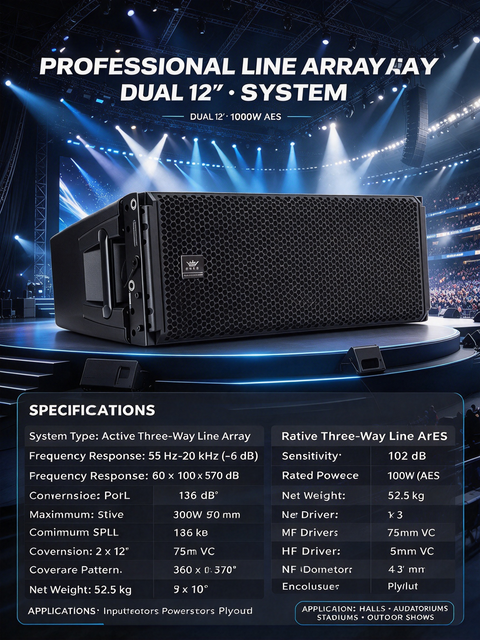 Professional Line Array System Dual 12 Inch 3-Way High Sensitivity Speaker for Multi-function Halls & Theaters & Outdoor Shows
