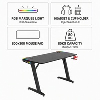 Mesa de Juego Moderna y Resistente con Marco Metálico en Forma de Z, Luces RGB, Portavasos y Superficie de Fibra de Carbono, Escritorio para E-Sports y Carreras