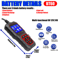 Analizador de Baterías Automotriz Digital BT60 12V/24V, Herramienta de Diagnóstico para Autos, Camiones, Vehículos Recreativos