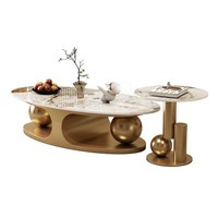 Mesa de Centro Ovalada de Piedra Brillante Estilo Minimalista Italiano, Mesa de Salón de Lujo Ligero con Estructura Metálica Móvil y Base de Doble Bola