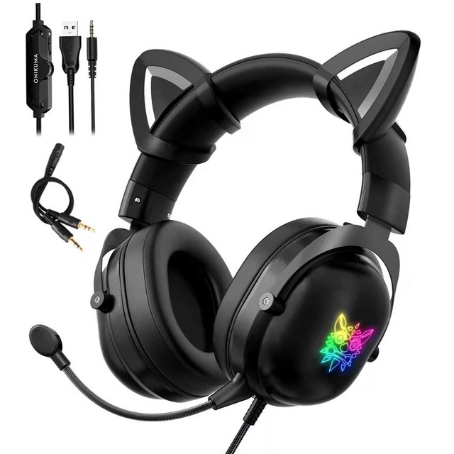 Onikuma X11 Wired Computer Led Light Headphones Gaming Headset with Removable Cat Ears for PS5 PS4