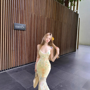 Women's Backless Halter Dress Pale Yellow Floral Print Bodycon Maxi Mermaid Skirt Stretch Chiffon Summer Resort Style - Product Image 5