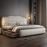 Lit de Luxe Moderne King Size en Cuir et Bois Massif avec Rangement pour Chambre à Coucher, Lit d'Hôtel avec Éclairage