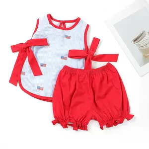 ชุดเสื้อผ้าเด็กผู้หญิง 4 กรกฎาคม การออกแบบรักชาติ ปักธงบนผ้าซีซัคเกอร์สําหรับเด็กผู้หญิง-Puresun