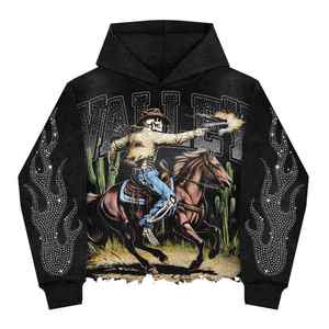 Sweat à capuche streetwear personnalisé, coupe oversize, vintage, délavé à l'acide, avec strass et motifs graphiques, effet usé, en tissu épais, style hip-hop - Product Image 2