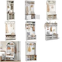 Porte-manteau blanc en bois de style farmhouse avec rangement pour chaussures et crochets pour manteaux, idéal pour l'entrée (vente en gros)