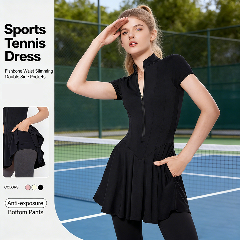 High Elasticity Loose Fitted Quick-drying Seamless Stand-up Collar Top Tennis Skirt Golf Yoga Sportswear Outdoor Anti-slip