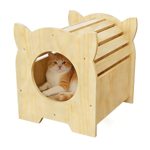 Nichoir pour chat en bois massif respirant à lattes creuses, avec entrée, lit de repos privé, robuste, pour intérieur, toutes saisons - Product Image 1