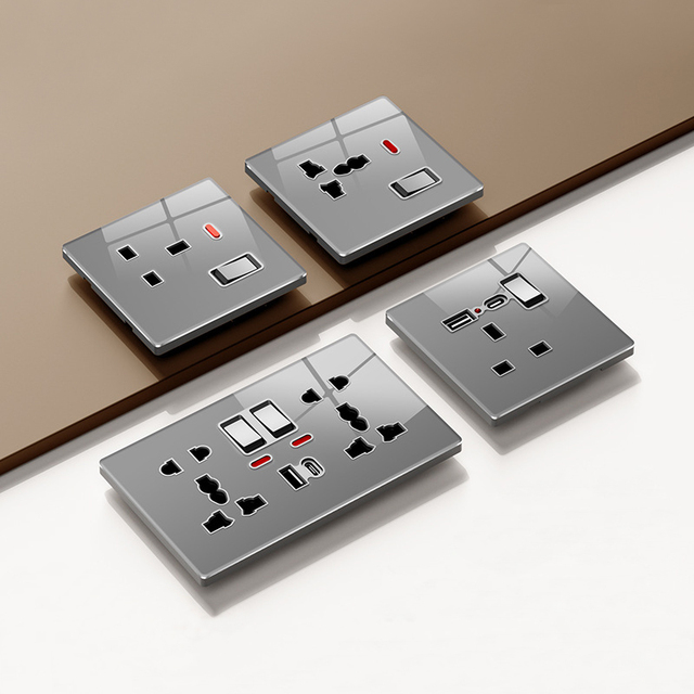 KESHIQI 86mm/146mm Grey CE Certified Industrial Luxury Tempered Glass Electric Wall Socket Switch for Apartment & Villa Projects
