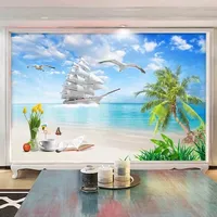 Papier peint mural 3D personnalisé avec photo de plage, peinture murale, papier peint autocollant pour salon, bateau à voile, cocotier, paysage marin