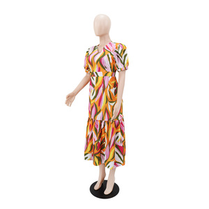 ชุดเดรสแขนสั้นคอวีผูกเอวลายพิมพ์ลำลองสำหรับวันหยุดของผู้หญิงแฟชั่น - Product Image 5