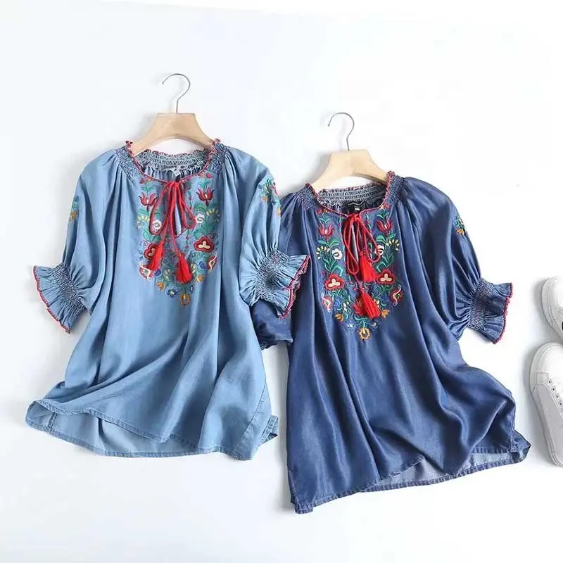 Spring and Autumn style vintage O-neck string denim dresses puff sleeve womens jeans dress